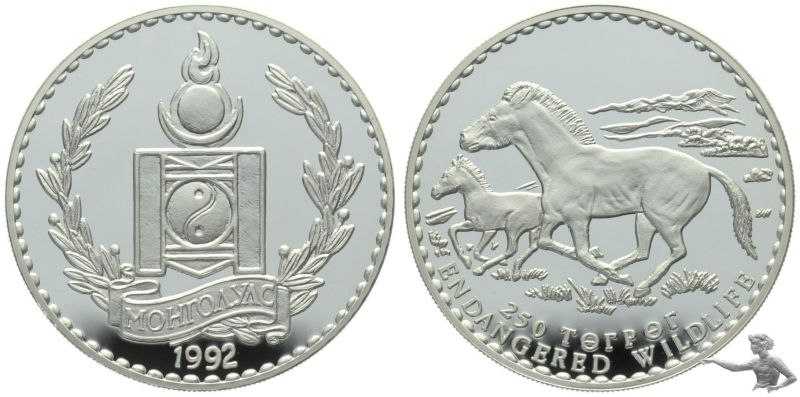 Mongolei 250 Tugrik 1992 Horses (Pferde) Silber, Top